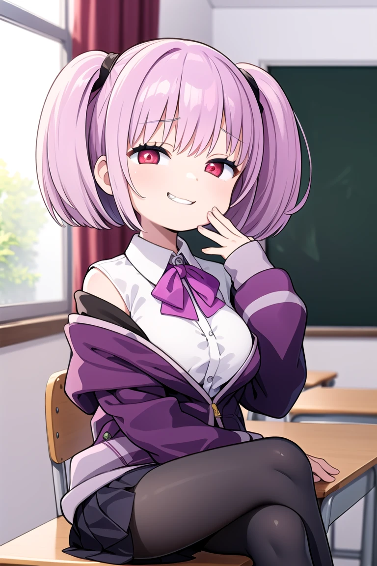 1girl, grin, :3, twintails, upper body, hand to own mouth, looking at viewer, half-closed eyes, hoodie, pink hair, blue eyes,Masterpiece, Best quality, A high resolution, Akane Shinjo, 1girll, Solo, Pantyhose, shirt, bow, Skirt, purple jacket, Jacket, White shirt, Long sleeves, Short hair, Black skirt, Collared shirt, Black pantyhose, Open clothes, neck bowtie, Purple bow, Breasts, bangs, Red eyes, Pleated skirt, cropped shoulders, Open jacket, sleeves past wrists, Light purple hair, Purple bow tie, Miniskirt, Cowboy shot, Classroom,((crossed legs)), boots,