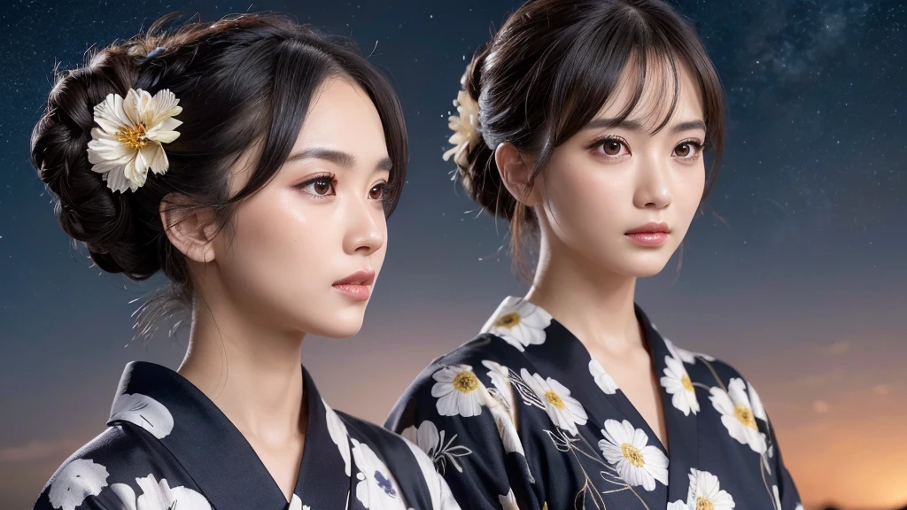 (1women), Updo hairstyle, (round eyes:1.2), (highly detailed face), (extremely detailed beautiful face), (floral pattern yukata), (Best Quality:1.4), (Ultra-detailed), extremely detailed CG unified 8k wallpaper, Realistic portrait, Beautiful detailed, High-definition raw color photos, professional photography, night sky, beautiful milky way, (fine face:1.2), focus on women, tanabata,