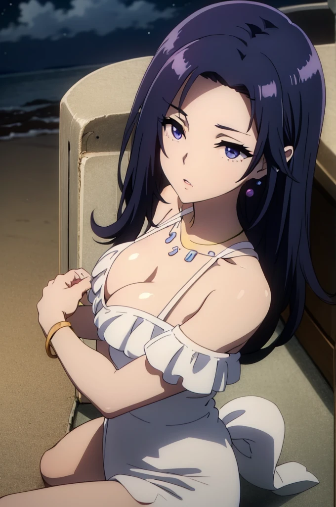 blue eyes,blue hair, gown, 1girl, breasts, jewelry,, pink dress, side ponytail, necklace, solo, hair ornament, cleavage, sidelocks, bare shoulders, cloudy night, earrings, revealing clothes, bangs, hairclip, looking at viewer, large breasts, thighs, simple background, bracelet, no panties, purple eyes, cowboy shot, parted lips, squatting, halterneck, (at an ice hotel:1.2)
