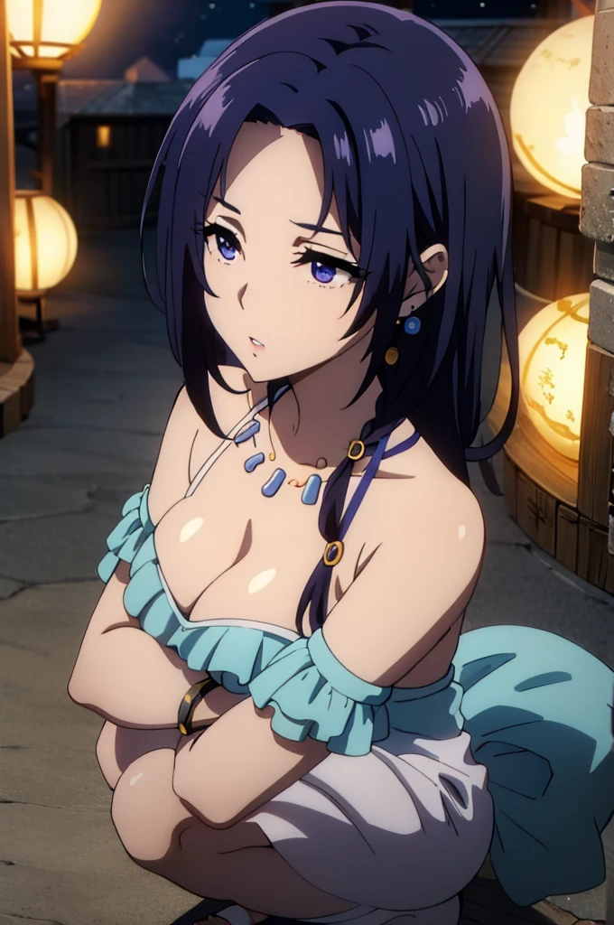 blue eyes,blue hair, gown, 1girl, breasts, jewelry,, pink dress, side ponytail, necklace, solo, hair ornament, cleavage, sidelocks, bare shoulders, cloudy night, earrings, revealing clothes, bangs, hairclip, looking at viewer, large breasts, thighs, simple background, bracelet, no panties, purple eyes, cowboy shot, parted lips, squatting, halterneck, (at an ice hotel:1.2)