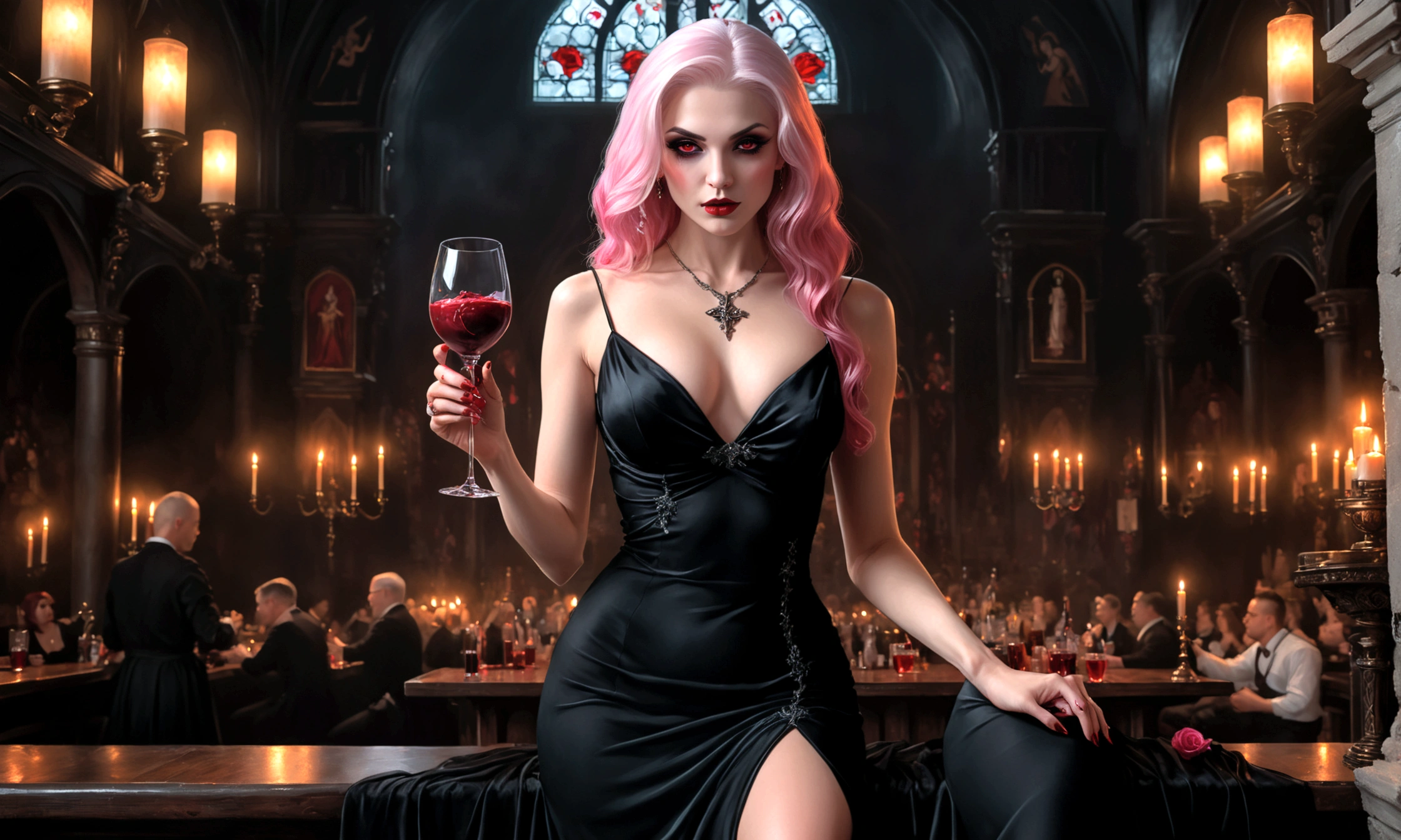 Arafed, dark fantasy art, glamour shot, award winning shot, photorealistic, a portrait of a female vampire drinking a ((glass of blood)), pink hair, long hair, red lips, glowing eyes, there is an imprint of white rose, dynamic color, she wears, an elegant (black dress: 1.5), catholic church and altar background, bar background, 16k, ultra detailed, masterpiece, best quality, (extremely detailed), Dark Art Painting Style