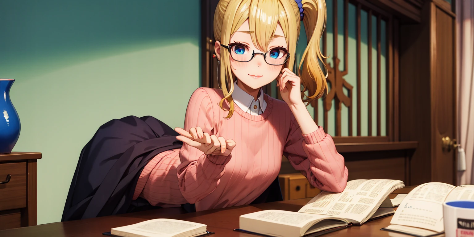 anatomically correct, best quality, masterpiece, high quality, high details, highres, HD, (shaded face:1.2), hollow eyes, dark-blue eyes, looking at viewer, seductive smile, glasses, lips, aihayasakav4, blonde hair, side ponytail, scrunchie, solo, blurry, 1girl, depth_of_field, earrings, blurry_background, small breasts, jewelry, bookshelf, red_eyes, indoors, table, sweater, solo, small_breasts, looking_at_viewer, blurry_foreground, long_sleeves, closed_mouth, bangs, blush, pantyhose, hand_on_own_cheek, sidelocks, breast_rest, ribbed_sweate, 15 years old, teen , 