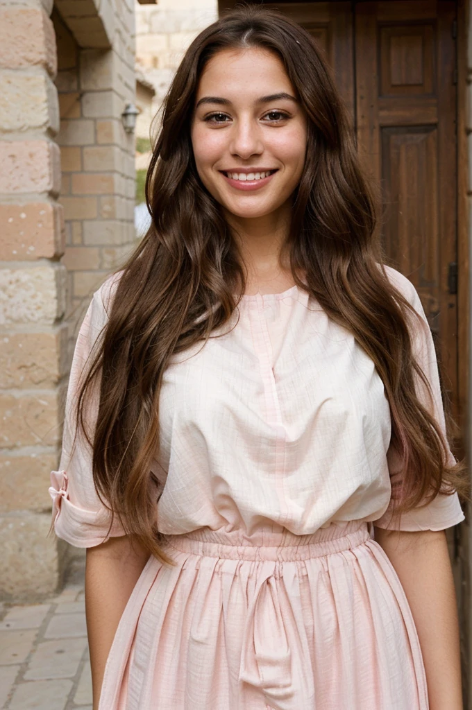 a photo-realistic portrait of a beautiful Palestinian woman with long brown hair, pink dress, white teeth, and a cute smile, with highly detailed and realistic facial features, modest expression, and realistic white skin tone