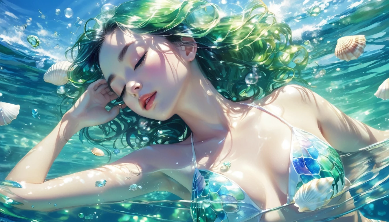 Beautiful woman floating peacefully in clear sparkling sea water。She is wearing a white seashell bikini、The sunlight reflects off the water surface。The water is vibrant shades of blue and green、There are shells scattered all around her.。In this scene, he has his eyes closed and looks comfortable in the calm waves.。Sparkling and beautifully floating。
