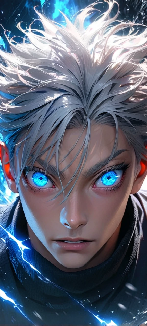  High quality, ultra realistic,absurdres, highres, ultra detailed, HDR, masterpiece, extremely detailed face and eyes,  Gojo satoru , jujutsu kaisen,, white hair ,black shirt , solo, ,man, handsome, ,white eyeleshes, blue eyes , Epic fight scene, blue splashing effect,blue lightning  effect,glowing glitters , close up,cool eyes, symetrical 