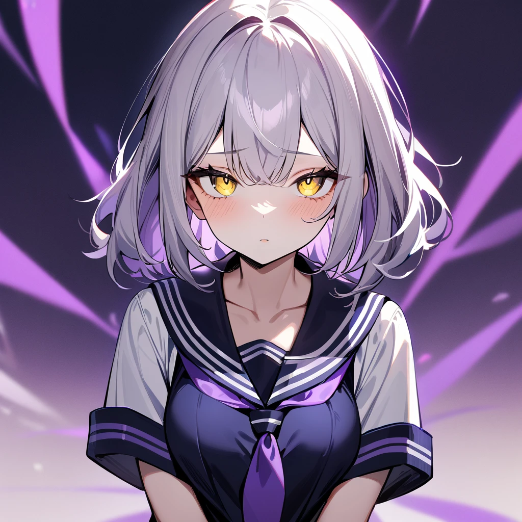 1girl,pale hair,yellow eyes,pale eyes,masterpiece,best quality,very aesthetic,absurdres,(front view),(purple colors),(breast),dark blue colors,(sailor shirt)