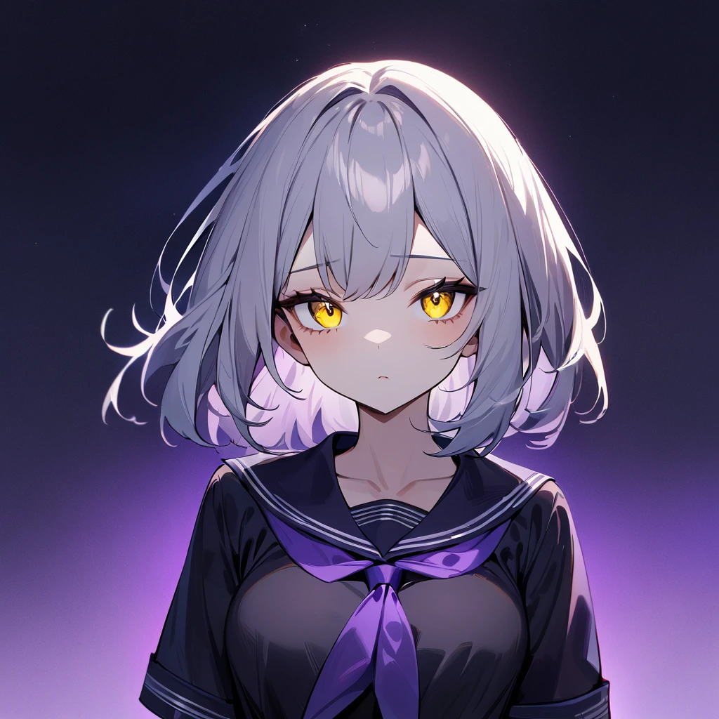 1girl,pale hair,yellow eyes,pale eyes,masterpiece,best quality,very aesthetic,absurdres,(front view),(purple colors),(breast),dark blue colors,(sailor shirt)