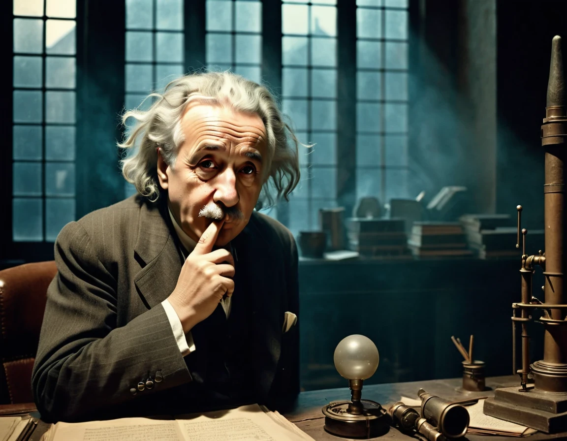 scientist Albert Einstein looking to the side with great anger, a rare moment of intense anger asking for silence with a finger in his mouth,, mysterious, against the backdrop of a dimly lit large hall with imposing and foreboding windows shrouded in fog, casting a mysterious and mystical environment, as if the shadows themselves were about to reveal a sinister secret, with a warm, muted color palette of burnt oranges, faded golds and dusty blues, evoking a sense of aged and forgotten knowledge, surrounded by scattered tomes and dusty and ancient scientific instruments, bathed in a warm, soft glow. vintage retrocore, daguerrotype,, photo, cinematic