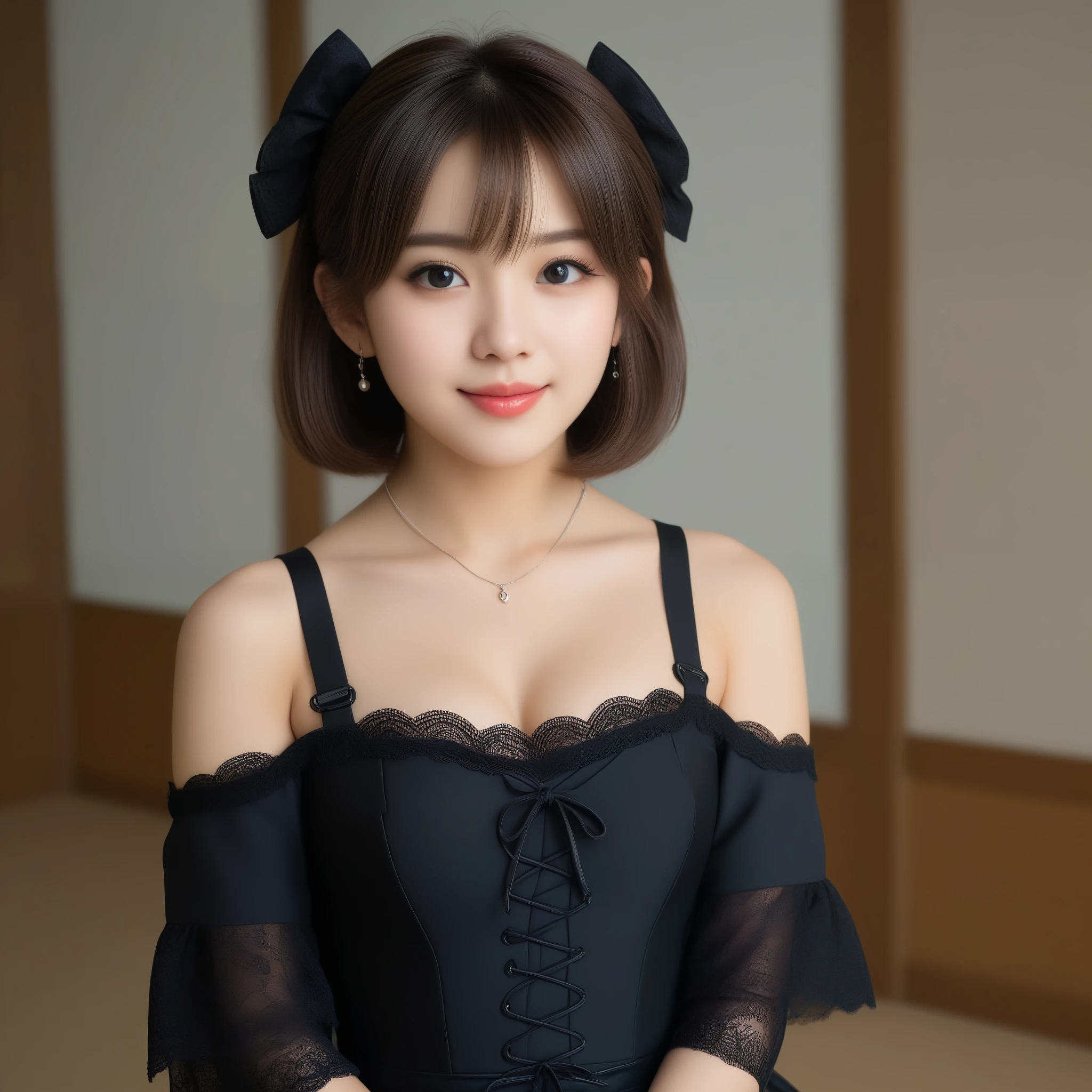 8K, Ultra-high resolution, Highest quality, masterpiece, 三分割法によるphotograph,Surreal, photograph, 1 girl, (:1.3), pretty girl, Cute face, Beautiful eyes in every detail, 細かくdetailedに,masterpiece,, One Girl:1.2, Japan Female Announcer,whole body,Young Wife,((Bondage and Gothic Lolita)),PenSkirt、Black Stockings,Black high heels、Full of cleanliness,A carefree smile,Healing the heart,short hair,Looking at the audience、beauty,Long neck、Laugh a little、Please close your mouth and laugh、(((Ideal body type))),A-cup small breasts :2,、Portraiture:2、Perfect Anatomy、鮮明なdetailed、detailed、Surreal、Light and shadow,Strong light