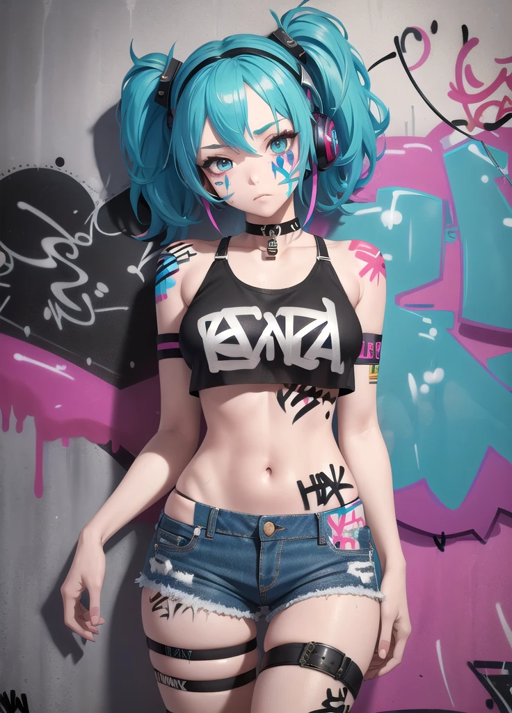 masterpiece, best quality, 1girl, solo, crop top, denim shorts, choker, (graffiti:1.5), paint splatter, arms behind back, against wall, looking at viewer, armband, thigh strap, paint on body, head tilt, bored, multicolored hair, aqua eyes, headset,