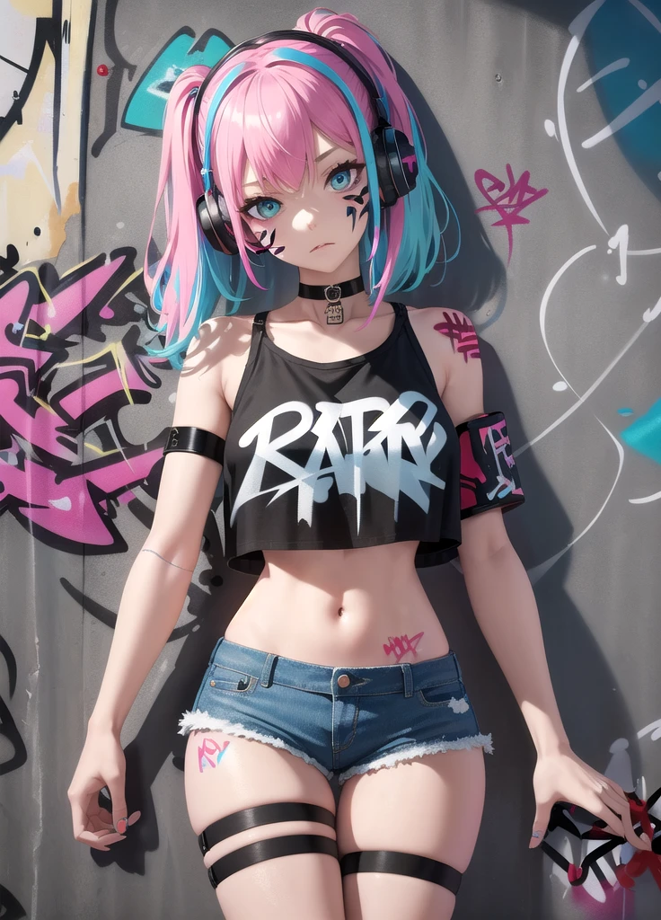 masterpiece, best quality, 1girl, solo, crop top, denim shorts, choker, (graffiti:1.5), paint splatter, arms behind back, against wall, looking at viewer, armband, thigh strap, paint on body, head tilt, bored, multicolored hair, aqua eyes, headset,