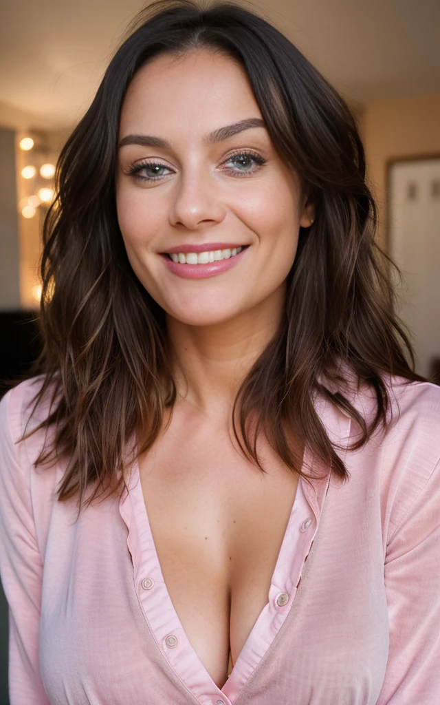 very happy smiling, beautiful brunette smiling wearing  pink patten pyjamas with flowers on it at home in the evening, low lighting, tv in the backgrounnd, low lighting, very detailed, 40 years, innocent face, long hair, natural wavy, blue eyes, high resolution, masterpiece, best quality, intricate details, highly detailed, sharp focus, detailed skin, realistic skin texture, texture, detailed eyes, professional, 4k, charming smile, shot on Canon, 85mm, shallow depth of field, kodak vision color, perfect fit body, extremely detailed, foto_\(ultra\), photorealistic, realistic, post-processing, maximum detail, roughness, real life, ultra realistic, photorealism, photography, 8k uhd, photography, busty