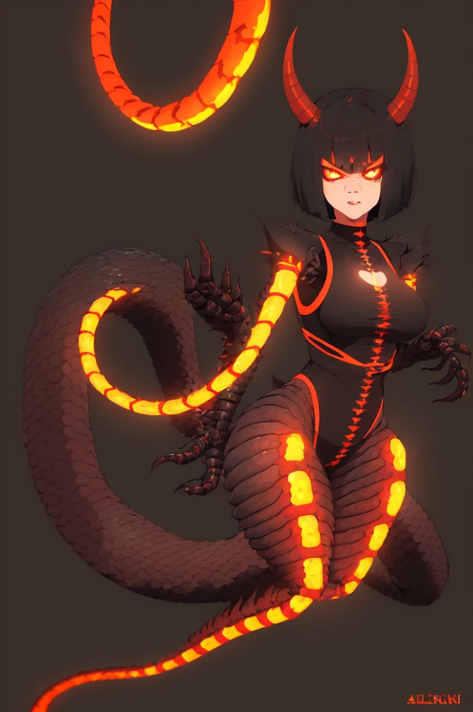 Original Character, Volumetric Lighting, Best Shadows, Shallow Depth of Field, (finely best quality illustration:1.1), (1girl, solo:1.1), (black short hair:1.1), (masterpiece, ultra high quality), (standing), (full body visible), (1girl), (solo), (female focus), (Singular, large horn), (monster girl), (Messy bob-cut with sharp bangs), ((bangs covering eyes)), (big eyebrows), (angry eyes), (long tailbone in rear) (Cute anime snake eyes), (limbless female body) Coral Snake Beastman, black eyes, orange scleras, Black hair, Furry, (1 girl), (angry eyes), (harness with mechanical limbs), (amputee body)