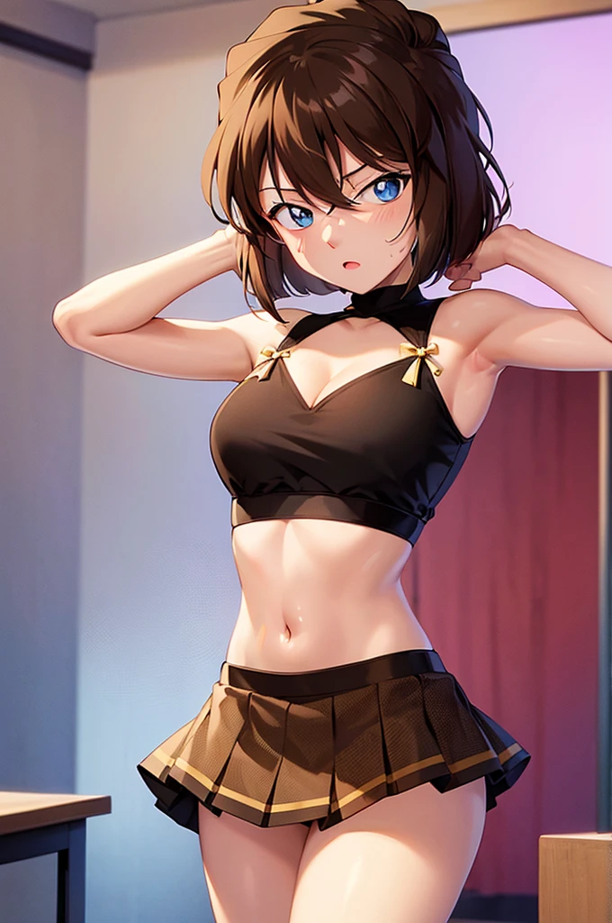 Highest quality, masterpiece, 4K, Highly detailed face, Highly detailed skin, Highly detailed wallpaper, Japanese anime, Second Dimension, Small face, Fine skin, Very beautiful cleavage, NSFW, whole body, One girl, Embarrassed face, On the bed, Bob Hairstyle, Brown Hair, Detective Conan, Haibara Ai, Shelley, Sweaty, About high school students, Cosplay, , mini skirt, Gestures to seduce a man, Spread your legs in an M shape