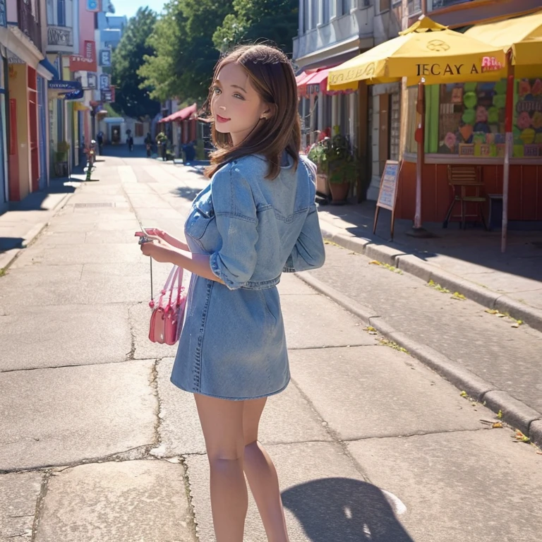 A lovely woman has found herself in Candyland. She is happily strolling around the town meeting the gummy bear people and tasting all the amazing candy