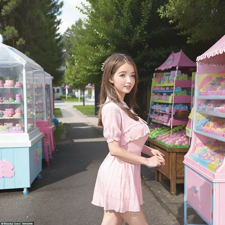 A lovely woman has found herself in Candyland. She is happily strolling around the town meeting the gummy bear people and tasting all the amazing candy