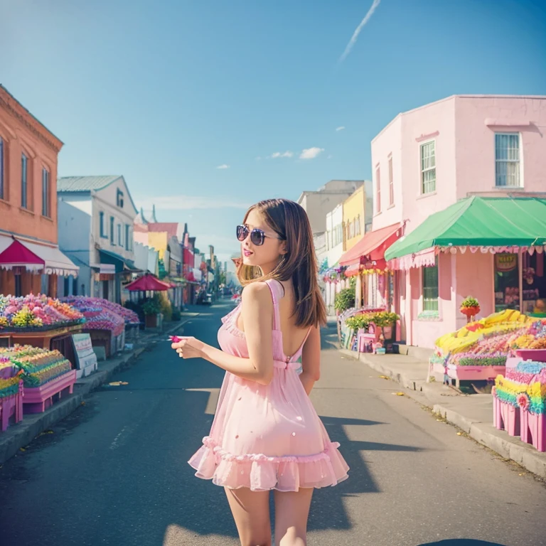 A lovely woman has found herself in Candyland. She is happily strolling around the town meeting the gummy bear people and tasting all the amazing candy