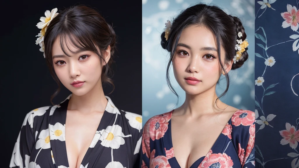 (1women), Updo hairstyle, (round eyes:1.2), (highly detailed face), (extremely detailed beautiful face), (floral pattern yukata), cleavage, (Best Quality:1.4), (Ultra-detailed), extremely detailed CG unified 8k wallpaper, Realistic portrait, Beautiful detailed, High-definition raw color photos, professional photography, night sky, beautiful milky way, (fine face:1.2), focus on women, tanabata,