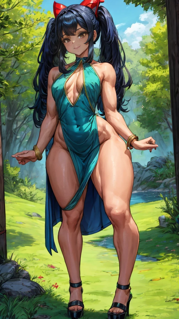 1 girl, {{{aawendy, happy and tender smile, yellowish brown eyes, pelo largo hasta la espalda blue fuerte, (cabello de color blue fuerte, blue fuerte, blue, blue), two red tales, two short pigtails on each side, hair ornament, green dress, (green dress ajustado), bracelet, bracelet, small breasts}}}, beautiful girl, {{{standing or standing full body image}}}, {{{Wear black high heels}}}, poses her beautiful black heels standing {{{is stopped}}}, {{{muscular abs}}}, {{{muscular belly}}}, abriendo sus legs mostrando su coño, (abriendo las legs mostrando su coño), (((Best Quality))), (((8k quality))), (((ultra best definition))), ((better face definition))), (((Perfect face))), (Perfect face:1.1), (sharp focus:1.1), trend on Artstation, intricate, high detail, sharp focus, (((arms, hands, legs, pies, Perfect face))), (((perfect body))), (((correct features))),(((best anatomy))), (((noise removal))), (((perfect and clear face))), (((Masterpiece))).