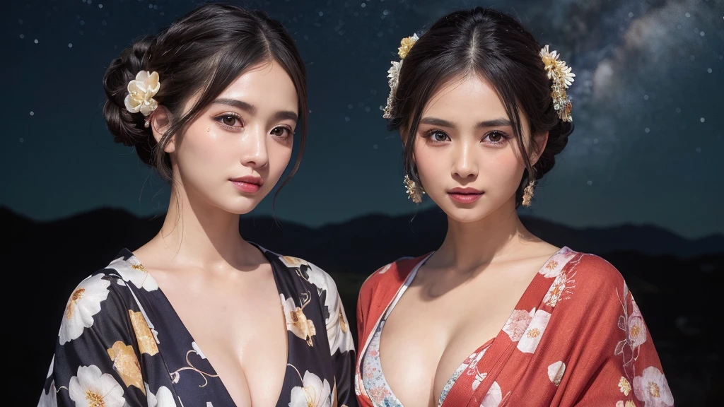 (1women), Updo hairstyle, (round eyes:1.2), (highly detailed face), (extremely detailed beautiful face), (floral pattern yukata), cleavage, (Best Quality:1.4), (Ultra-detailed), extremely detailed CG unified 8k wallpaper, Realistic portrait, Beautiful detailed, High-definition raw color photos, professional photography, night sky, beautiful milky way, (fine face:1.2), focus on women, tanabata,