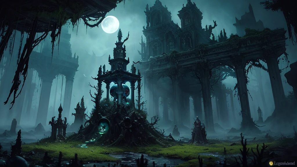hourglass made with skulls and bones, blood flow inside, high-fantasy, magical effects, hyper realistic, hyper detailed, mysterious air, ancient and abandoned, grown-over, luminescent moss, dark atmosphere, glowing lights spread evenly, very aesthetic, beautiful underwater scenery in the background,full moon