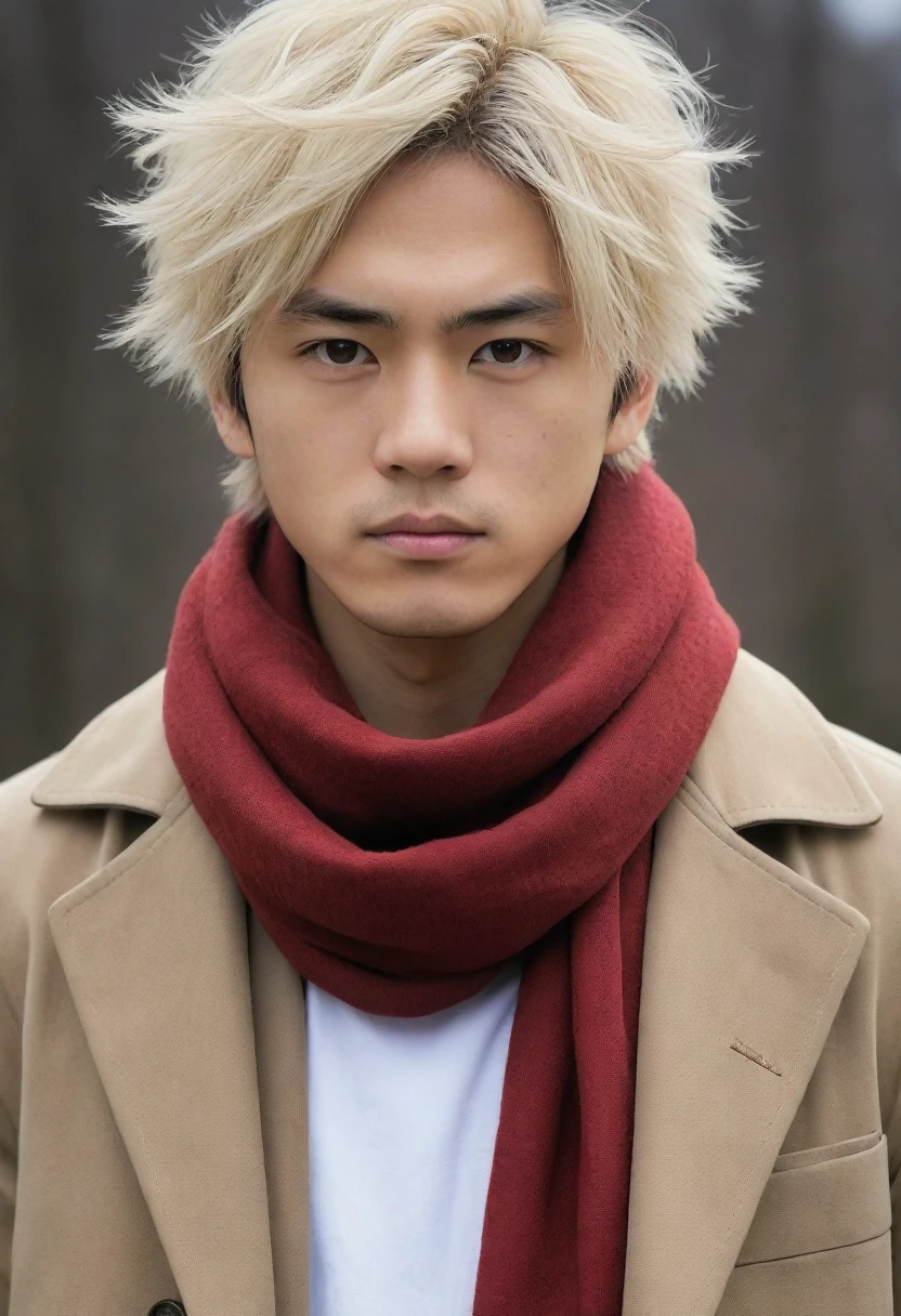 1man, perfect face, Young Japanese man wearing a red scarf and a somewhat old and worn brown jacket, best quality ,masterpiece, illustration, extremely detailed ,CG ,unity ,8k wallpaper, Amazing, finely detail, masterpiece,best quality,official art,extremely detailed CG unity 8k wallpaper,absurdres, incredibly absurdres, huge filesize, ultra-detailed, highres, extremely detailed, messy hair, japanese boy, japan young man, completely white t-shirt, battered red scarf, ryoma nagare, cream coat, white hair, 18yo, 18 years old, age 18,