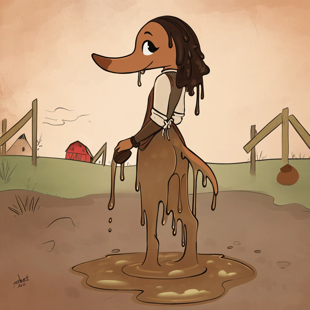 aardvark slime girl that drips with tan-brown slime and is wearing a farm-style outfit out by brush and dirt in whimsical art style