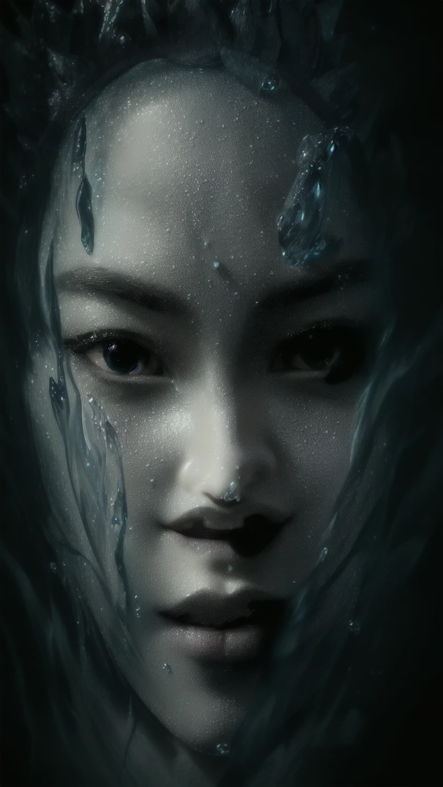 a close up of a woman with a crown on her head, asian female water elemental, closeup fantasy with water magic, underwater face, face in water, dramatic cinematic portrait, movie still of the alien girl, dramatic portraiture of uuen, detailed face of a asian girl, closeup portrait shot, imax close-up of face, movie still 8 k