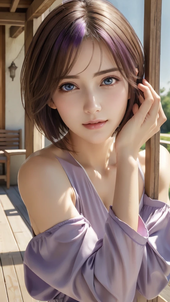 Photorealistic, highest quality, Highest quality, masterpiece, Ultra-high resolution, Raw photo, Realistic, Bright lighting, Face Light, Smooth Professional Lighting, Looking at the camera, alone, Adult women, Beautiful woman, Super Beauty, Realistic肌, Moisturized Skin, Realistic eyes and faces, Perfect model body shape, Beautiful Eyes, Big eyes, Inconspicuous tear bags, slim, Medium sized big breasts, Beautiful fingers, Very short hair, purple Hair, black eye, seems to be happy, Cowboy Shot, (Both ears are hidden in the hair), (((saint))), Fantasy World, Morning Porch,