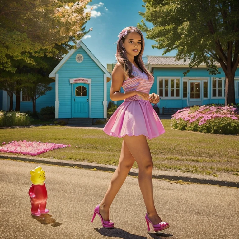 A lovely woman has found herself in Candyland. She is happily strolling around the town meeting the gummy bear people and tasting all the amazing candy