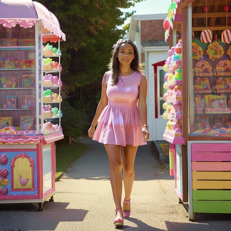 A lovely woman has found herself in Candyland. She is happily strolling around the town meeting the gummy bear people and tasting all the amazing candy
