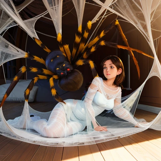 1girl,Spider weaving a net on the girl,réalism:1.2,ultra-detailed,bedroom setting,stretched pose,struggling in the net,brown haired,very long sheer skirt,oaken floor,soft sunlight,delicate spider silk,lace curtains,bedside table,decorative pillows