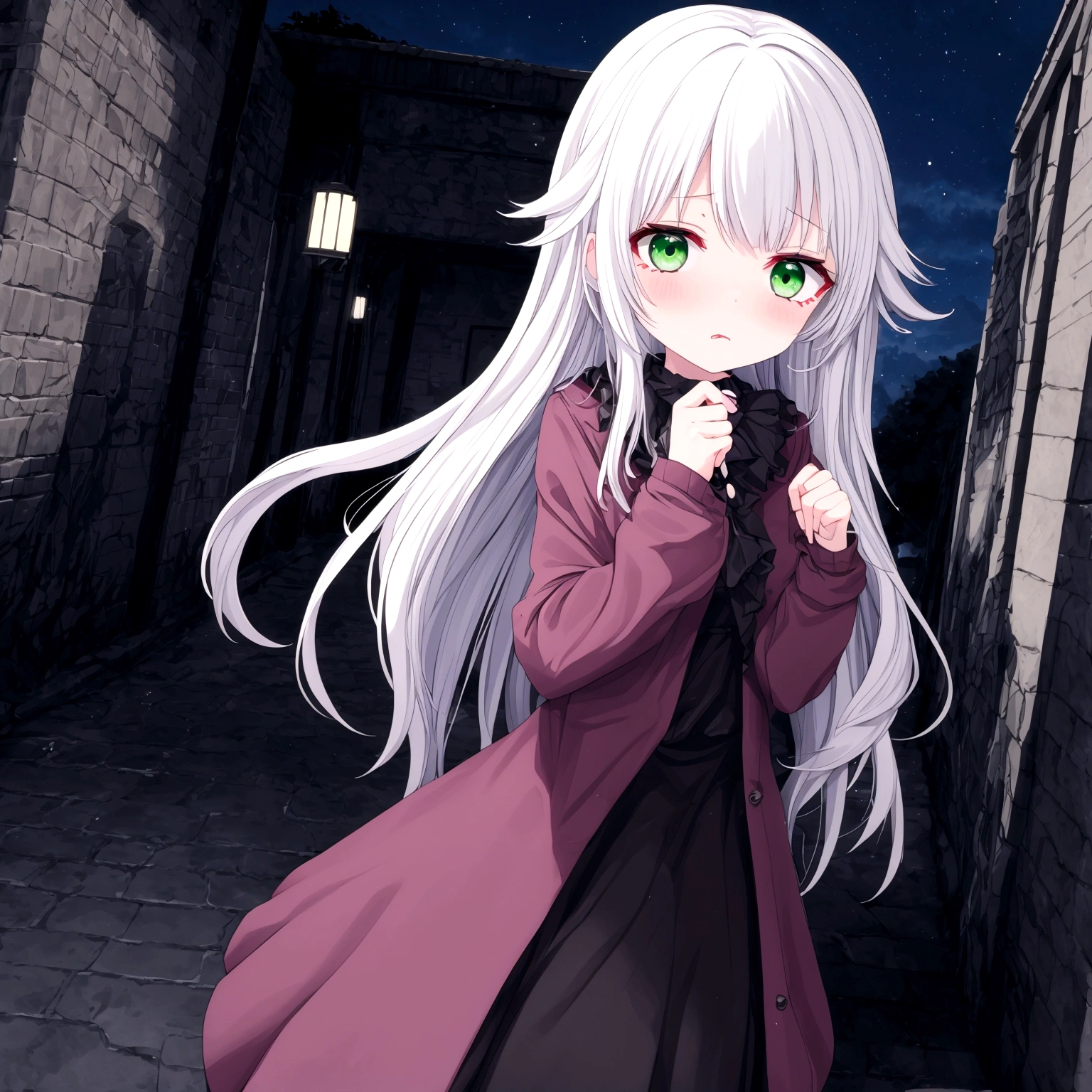 1 female , 24 years old , alone , white hair ,green eyes , at night , vampire , wavy hair , walking , frightened , on the street