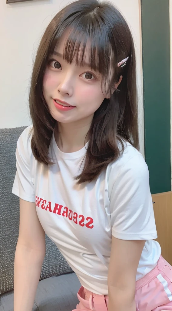 1 female、Highest quality、Ultra-high resolution、(Realistic:1.4)、blush、cute、(Detailed face)、Laughter、Looking into the camera、Inside the room、White tight T-shirt、White tight pants、Accentuate your breasts、Large Breasts、Shortcuts in the Eyes、whole body、Married women