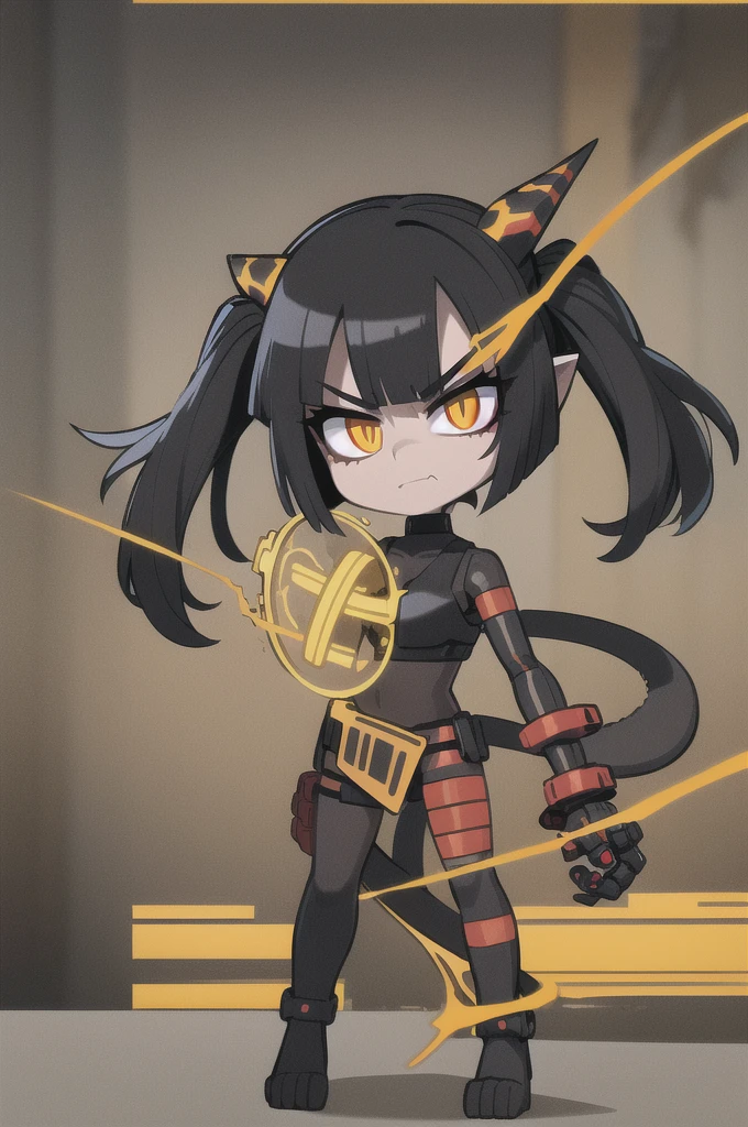 Original Character, Volumetric Lighting, Best Shadows, Shallow Depth of Field, (finely best quality illustration:1.1), (1girl, solo:1.1), (black short hair:1.1), (masterpiece, ultra high quality), (standing), (full body visible), (1girl), (solo), (female focus), (Singular, large horn), (monster girl), (Messy bob-cut with sharp bangs), ((bangs covering eyes)), (big eyebrows), (angry eyes), (long tailbone in rear) (Cute anime snake eyes), (limbless female body) Coral Snake Beastman, black eyes, orange scleras, Black hair, Furry, (1 girl), (angry eyes), (red black and yellow striped skin), (harness with mechanical limbs), (amputee body)
