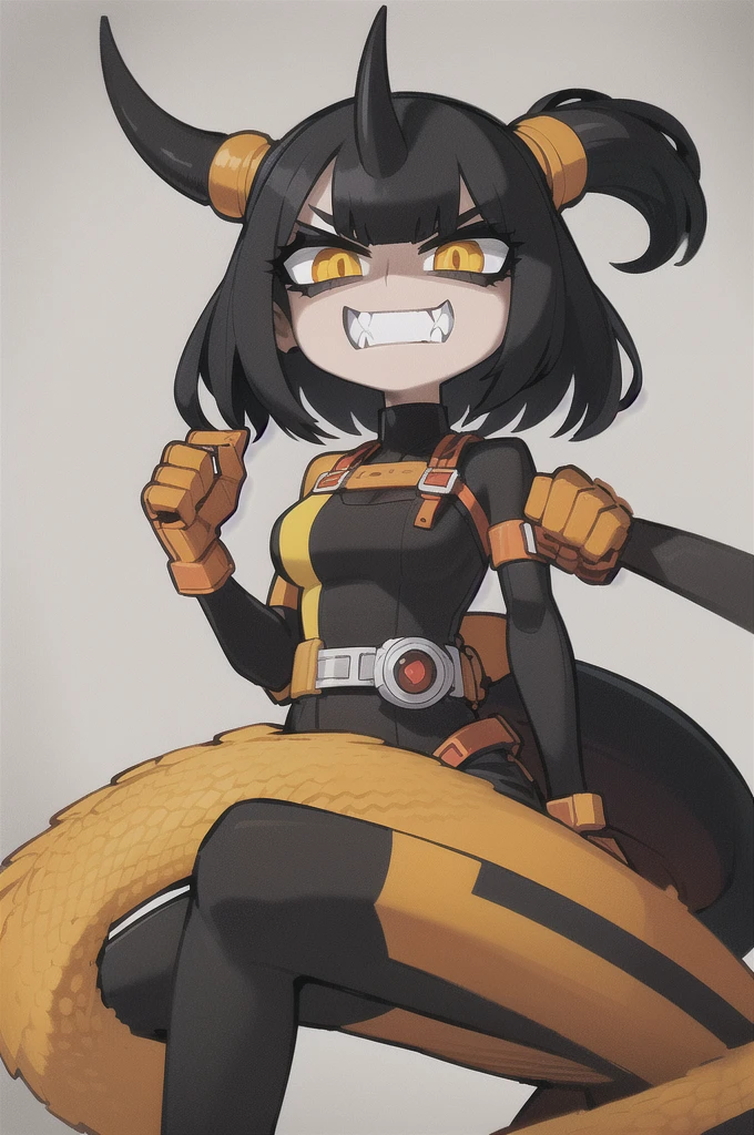 Original Character, Volumetric Lighting, Best Shadows, Shallow Depth of Field, (finely best quality illustration:1.1), (1girl, solo:1.1), (black short hair:1.1), (masterpiece, ultra high quality), (standing), (full body visible), (1girl), (solo), (female focus), (Singular, large horn), (monster girl), (Messy bob-cut with sharp bangs), ((bangs covering eyes)), (big eyebrows), (angry eyes), (long tailbone in rear) (Cute anime snake eyes), (limbless female body) Coral Snake Beastman, black eyes, orange scleras, Black hair, Furry, (1 girl), (angry eyes), (red black and yellow striped skin), (harness with mechanical limbs), (amputee body)