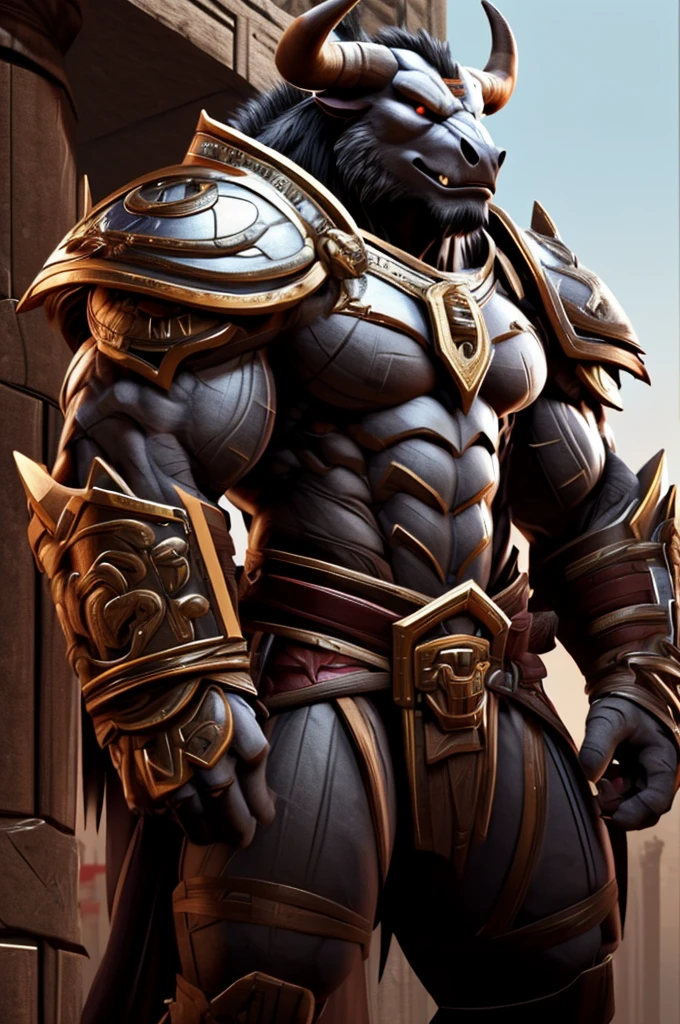 (8K, RAW Photo, Best Quality, Artwork), (1 boy:1.5), detailed portrait of a warrior boy, clearly crafted details, bull minotaur, muscular barbarian, fantasy dark armor, sword and shield, RPG, DND, agile, intricate, cinematic, natural lighting, anime, MAPPA style, ray tracing, detailed face, high resolution, ultra detailed