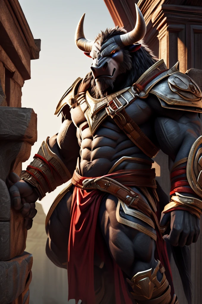 (8K, RAW Photo, Best Quality, Artwork), (1 boy:1.5), detailed portrait of a warrior boy, clearly crafted details, bull minotaur, muscular barbarian, fantasy dark armor, sword and shield, RPG, DND, agile, intricate, cinematic, natural lighting, anime, MAPPA style, ray tracing, detailed face, high resolution, ultra detailed