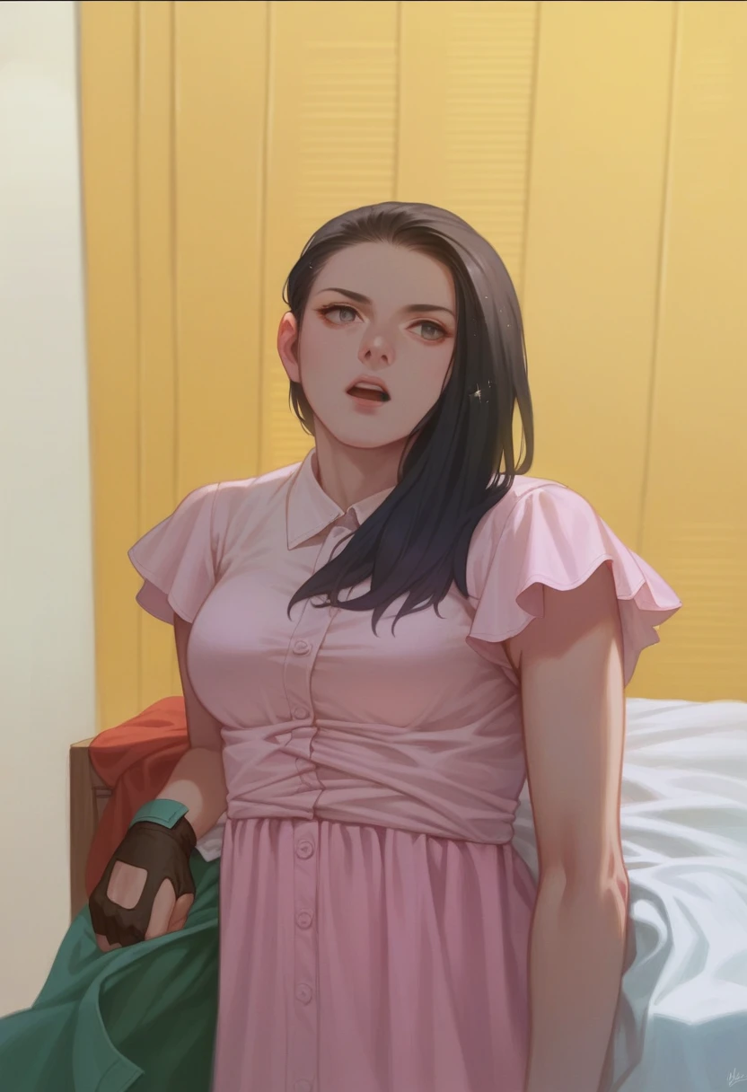 (extremely detailed CG unity 8k wallpaper),(masterpiece),(best quality),(ultra-detailed),(best illustration),(best shadow),(absurdres),(detailed background), Elna Stongs, 1girl, solo, fingerless gloves, black hair, gloves, shirt, white shirt, breasts, black gloves, sparkle, short hair, open mouth, upper body, hair between eyes, collared shirt, long sleeves, blue background