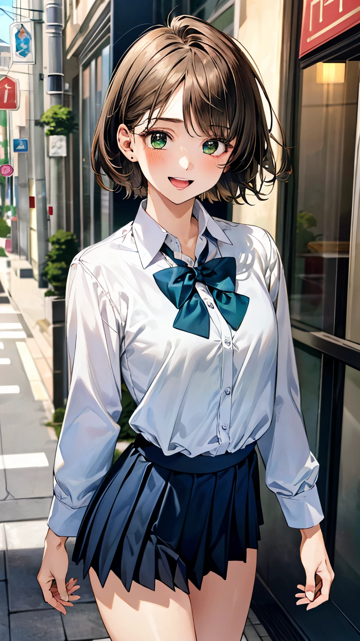 (masterpiece:1.3, top-quality, ultra high res, ultra detailed), (realistic, photorealistic:1.3), beautiful illustration, perfect lighting, natural lighting, colorful, depth of fields, ,
beautiful detailed hair, beautiful detailed face, beautiful detailed eyes, beautiful clavicle, beautiful body, beautiful chest, beautiful thigh, beautiful legs, beautiful fingers, shiny skin,
looking at viewer, 1 girl, girl, 12 years old, (per, anatomically correct, super detailed skin), cute and symmetrical face, babyface, perfect face, perfeces, ,
(short hair:1.7, lob hair, sideburns:1.4, light brown hair), bangs, emerald green eyes, big eyes, long eye lasher, (medium breasts, seductive thighs), slender, skin dendation,
(detailed cloth texture, long sleeve white collared shirt, dark blue bow tie, dark blue pleated skirt:1.2), ,
(beautiful scenery), summer, evening, (downtown:1.2), standing, (eatting crepe), (happy smile, upper eyes, open mouth small),