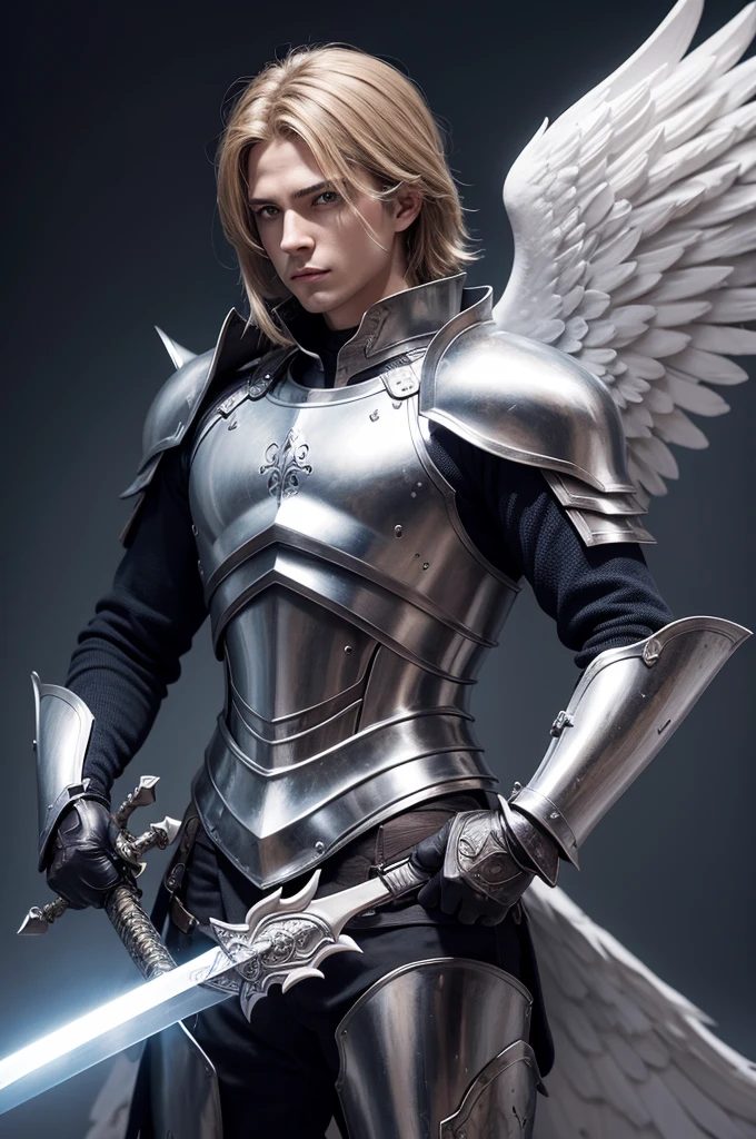 An angel dressed in armor and a sword in his hands