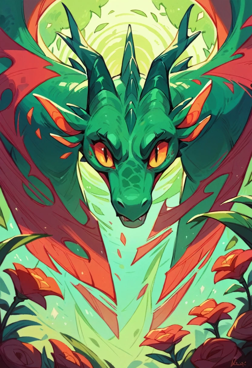 1 green dragon,mystical, not chines style, in a grow room with red LEDs illuminating the plants , realisitic