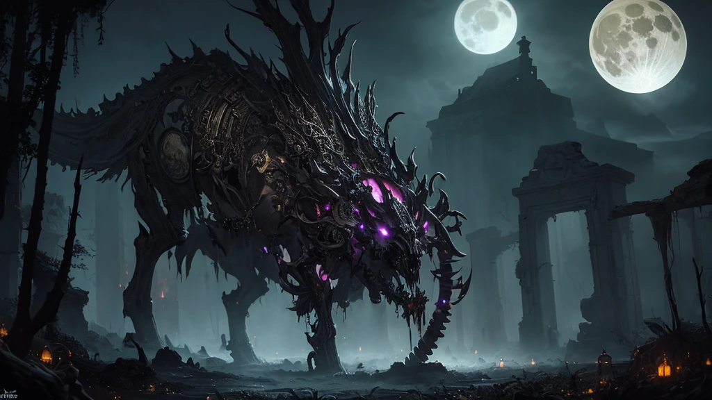 masterpiece, hourglass made with skulls and bones, blood flow inside, high-fantasy, magical effects, hyper realistic, hyper detailed, mysterious air, ancient and abandoned, grown-over, luminescent moss, dark atmosphere, glowing lights spread evenly, very aesthetic, full moon