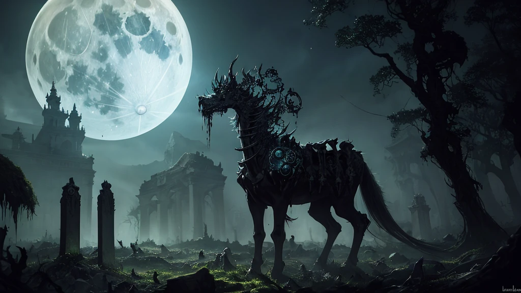 masterpiece, hourglass made with skulls and bones, blood flow inside, high-fantasy, magical effects, hyper realistic, hyper detailed, mysterious air, ancient and abandoned, grown-over, luminescent moss, dark atmosphere, glowing lights spread evenly, very aesthetic, full moon