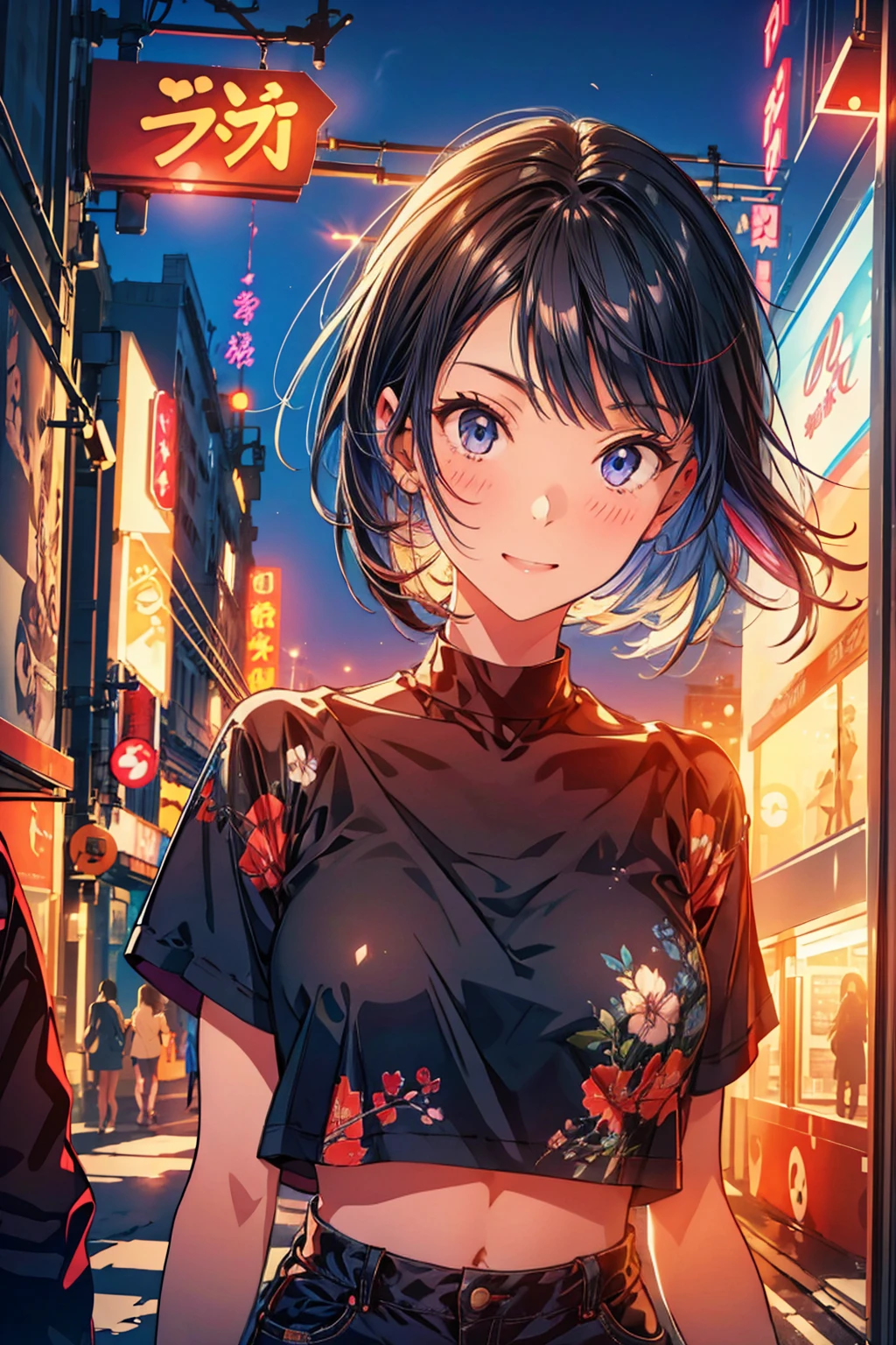 (Raw photo:1.2), (Photorealistic), Beautiful detailed girl, Very detailed eyes and face, Beautiful detailed eyes, Huge file size, High resolution, Very detailed, Best Quality, [masterpiece:1.6], Illustration, Very detailed, Fine detail, Best Quality, 32K Wallpaper, perfect Lighting, Masterpiece, animerealistic, Top quality, Ultra high definition, Maximum resolution, Very detailed, Professional lighting, kabedon pov, looking at viewer, smug, girl is so high, girl is feeling fine, 1girl, girl in big city, neon city, standing on the street, purple neon city, psychedelic colors, black short hair, bob cut, red shirt, black pants, slander girl, glowing eyes, very happy, psychedelic neon city, girl on drugs, light neon psychedelic blooms,