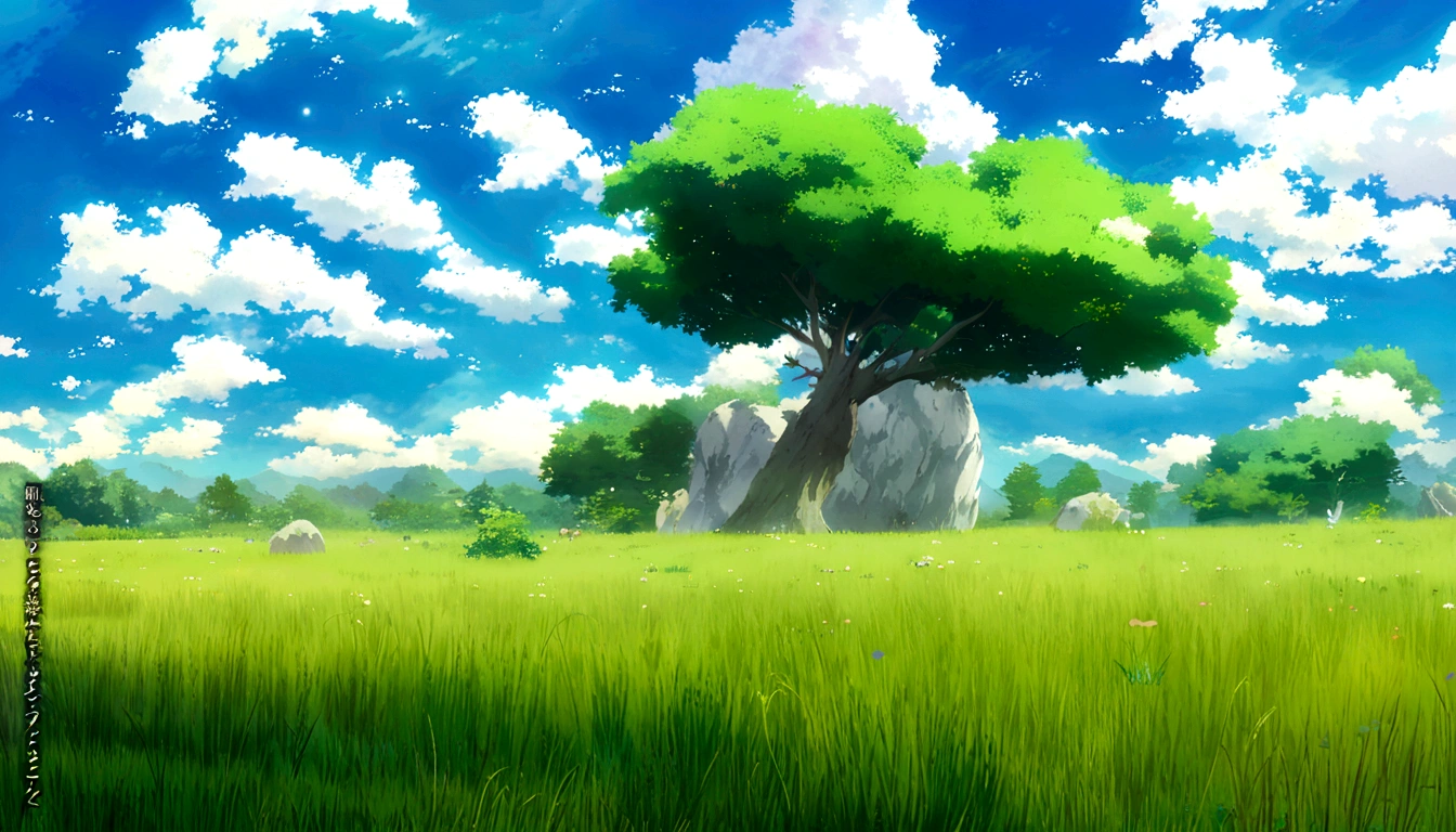 anime - style painting of a tree in a grassy field with rocks, anime countryside landscape, anime landscape, anime landscape wallpaper, anime background art, beautiful anime scenery, anime background, anime beautiful peace scene, anime scenery, anime movie background, anime nature, anime scenery concept art, colorful anime movie background, beautiful anime scene, anime scene, beautiful landscape background