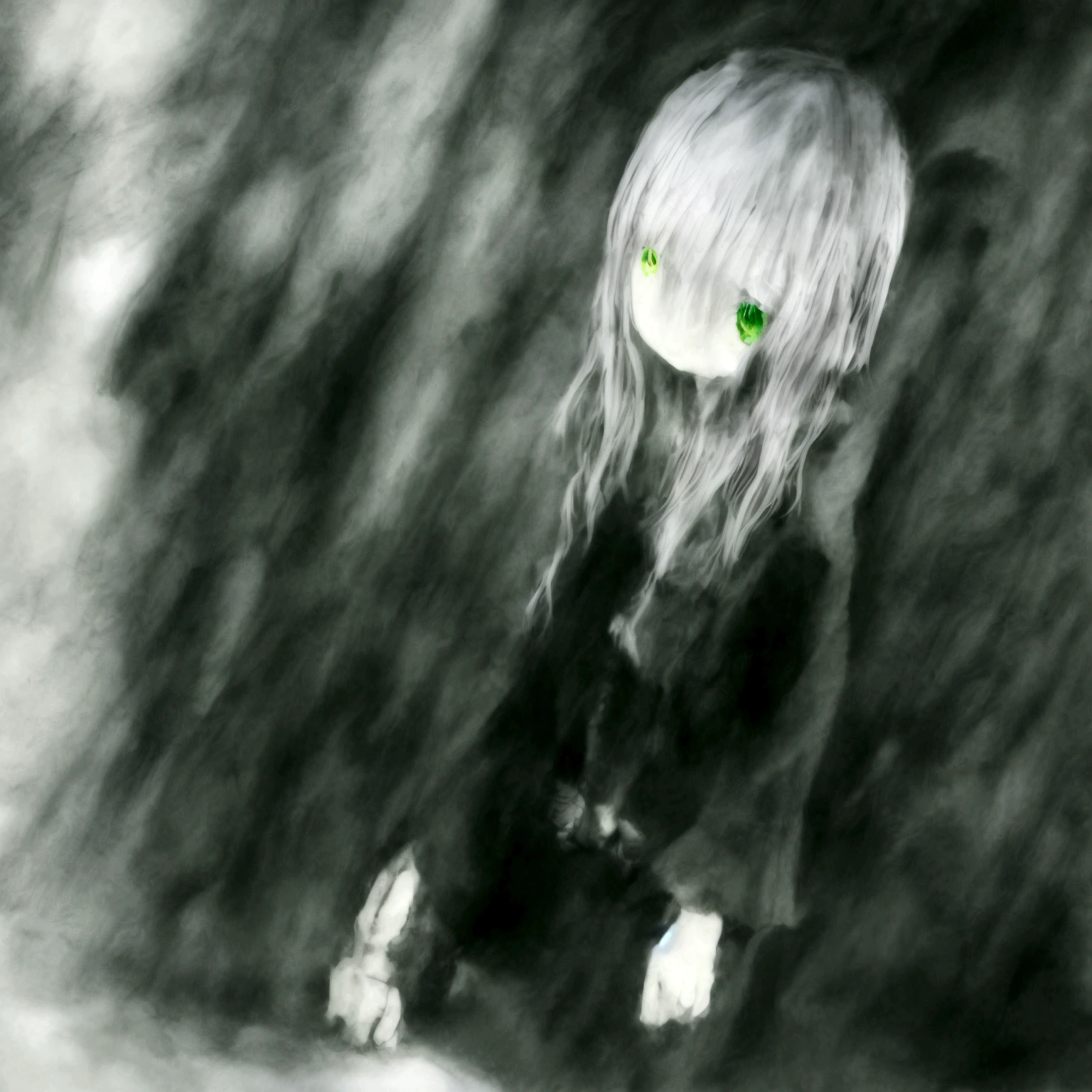 1 female , 24 years old , alone , white hair ,green eyes , at night , vampire , wavy hair , walking , frightened , on the street