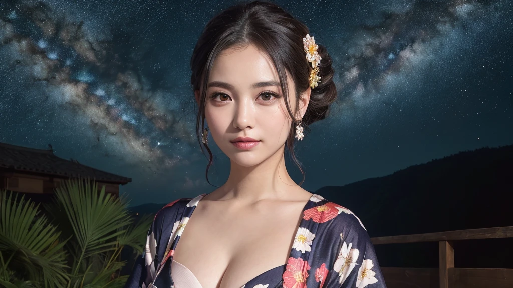 (1women), Updo hairstyle, (round eyes:1.2), (highly detailed face), (extremely detailed beautiful face), (floral pattern yukata), cleavage, (Best Quality:1.4), (Ultra-detailed), extremely detailed CG unified 8k wallpaper, Realistic portrait, Beautiful detailed, High-definition raw color photos, professional photography, night sky, beautiful milky way, (fine face:1.2), focus on women, tanabata, 