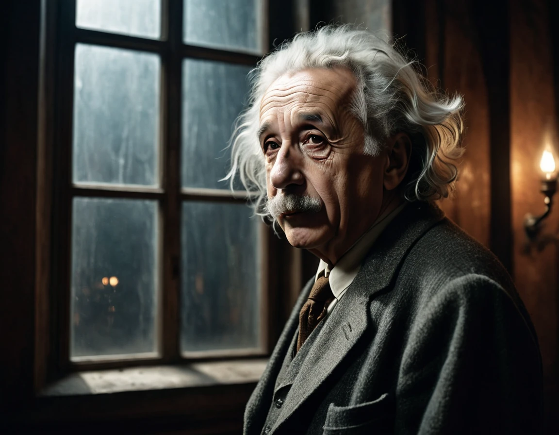 scientist Albert Einstein looking to the side with great anger, a rare moment of intense anger asking for silence with a finger in his mouth,, mysterious, against the backdrop of a dimly lit large hall with imposing and foreboding windows shrouded in fog, casting a mysterious and mystical environment, as if the shadows themselves were about to reveal a sinister secret, with a warm, muted color palette of burnt oranges, faded golds and dusty blues, evoking a sense of aged and forgotten knowledge, surrounded by scattered tomes and dusty and ancient scientific instruments, bathed in a warm, soft glow. vintage retrocore, daguerrotype,, photo, cinematic
