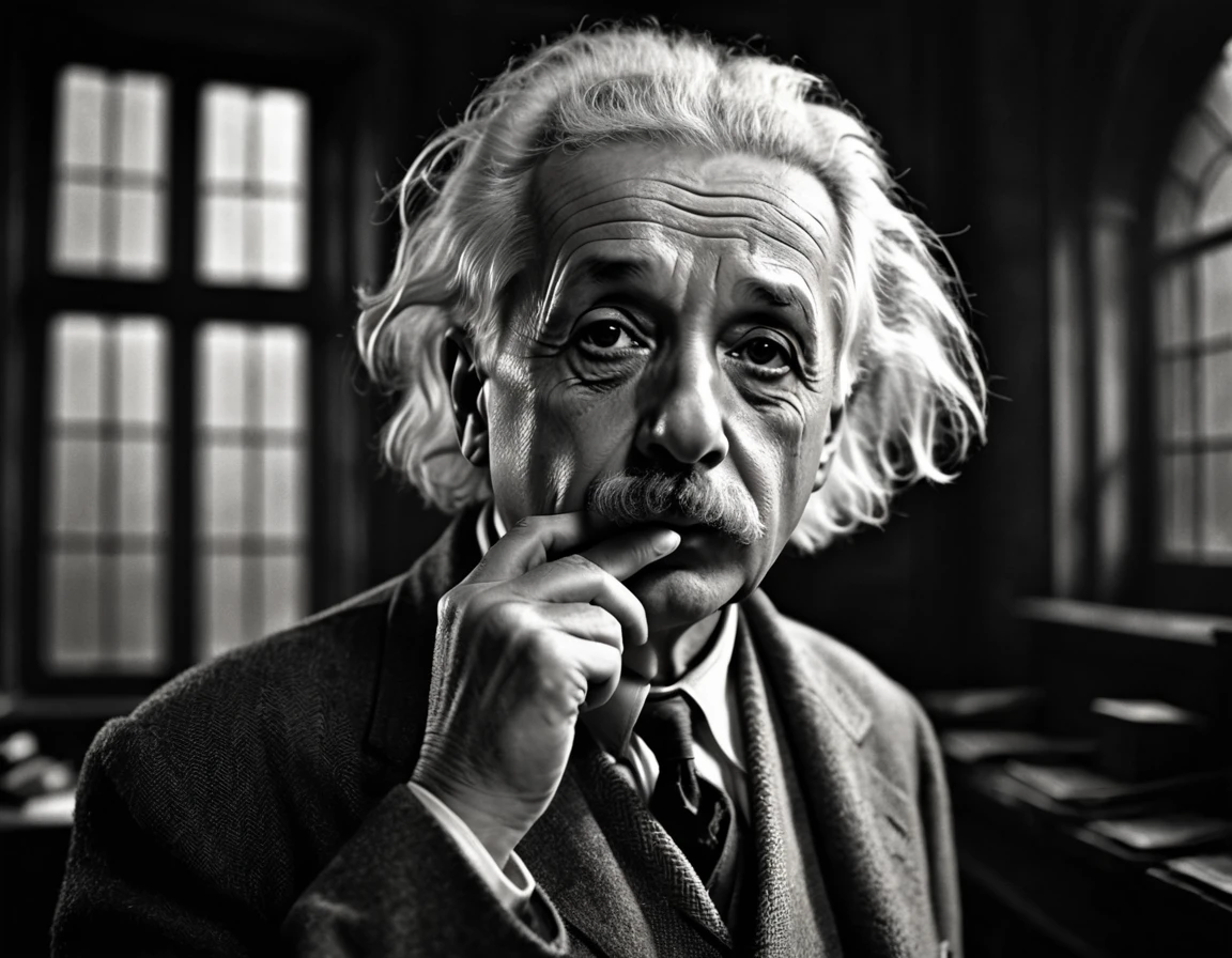 scientist Albert Einstein looking to the side with great anger, a rare moment of intense anger asking for silence with a finger in his mouth,, mysterious, against the backdrop of a dimly lit large hall with imposing and foreboding windows shrouded in fog, casting a mysterious and mystical environment, as if the shadows themselves were about to reveal a sinister secret, with a warm, muted color palette of burnt oranges, faded golds and dusty blues, evoking a sense of aged and forgotten knowledge, surrounded by scattered tomes and dusty and ancient scientific instruments, bathed in a warm, soft glow. vintage retrocore, daguerrotype,, photo, cinematic